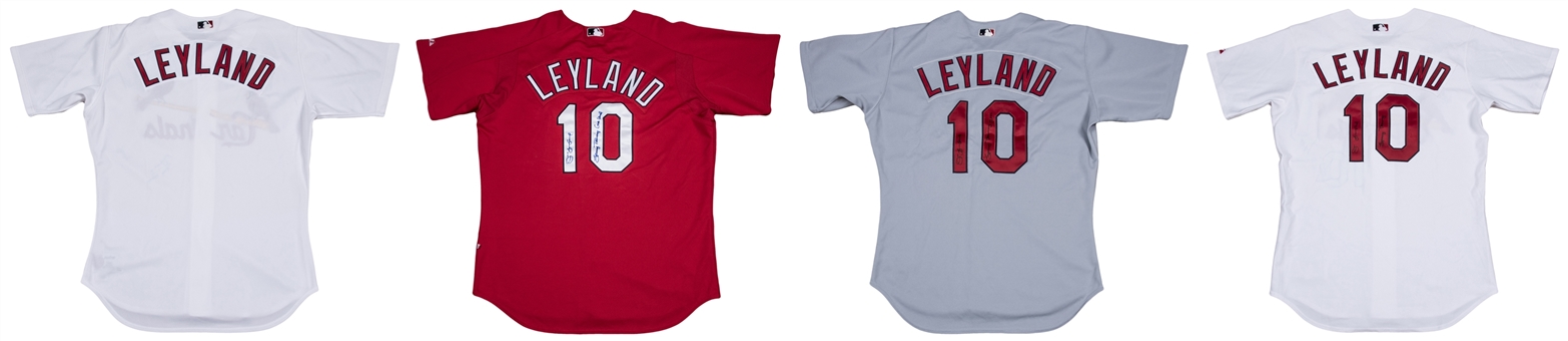 Lot of (4) 2000s Jim Leyland Game Used, Signed & Inscribed St. Louis Cardinals Spring Training Jerseys - White (2), Gray (1) & Red (1) (Beckett) 